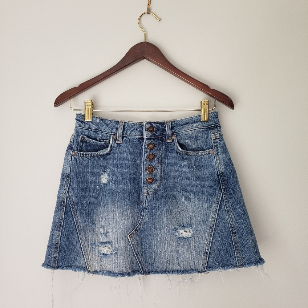 Free People Denim Skirt Distressed Button Fly 25